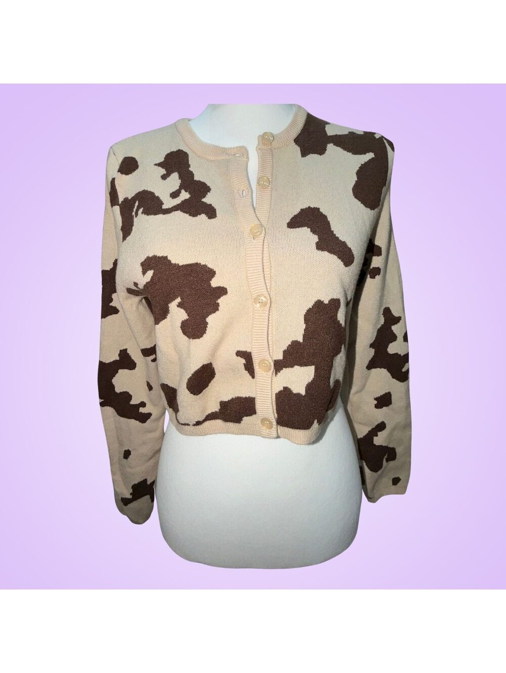 Altar’d State Medium Cow Print Cropped Cardigan | Brown Cream Western Y2K Button